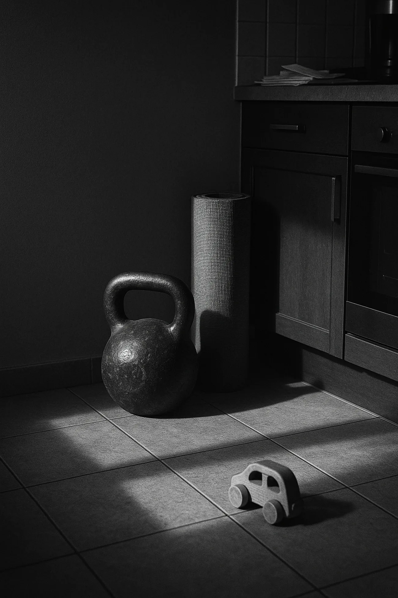 Kettlebell og en måtte på et køkkengulv med legetøj ved siden af, sort-hvid
