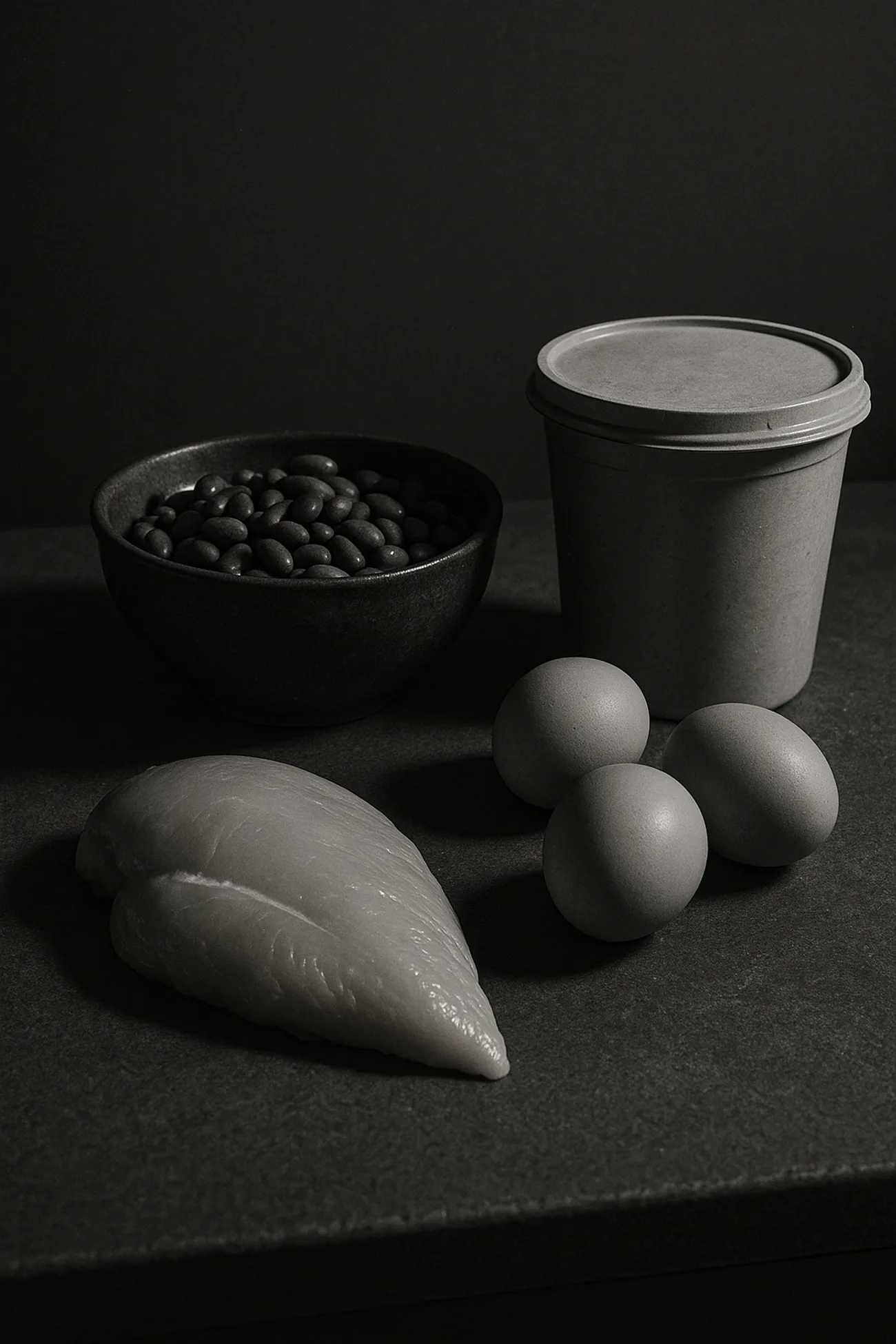 Råvarer stillet op på et bord, kød, æg, bønner og skyr, sort-hvid