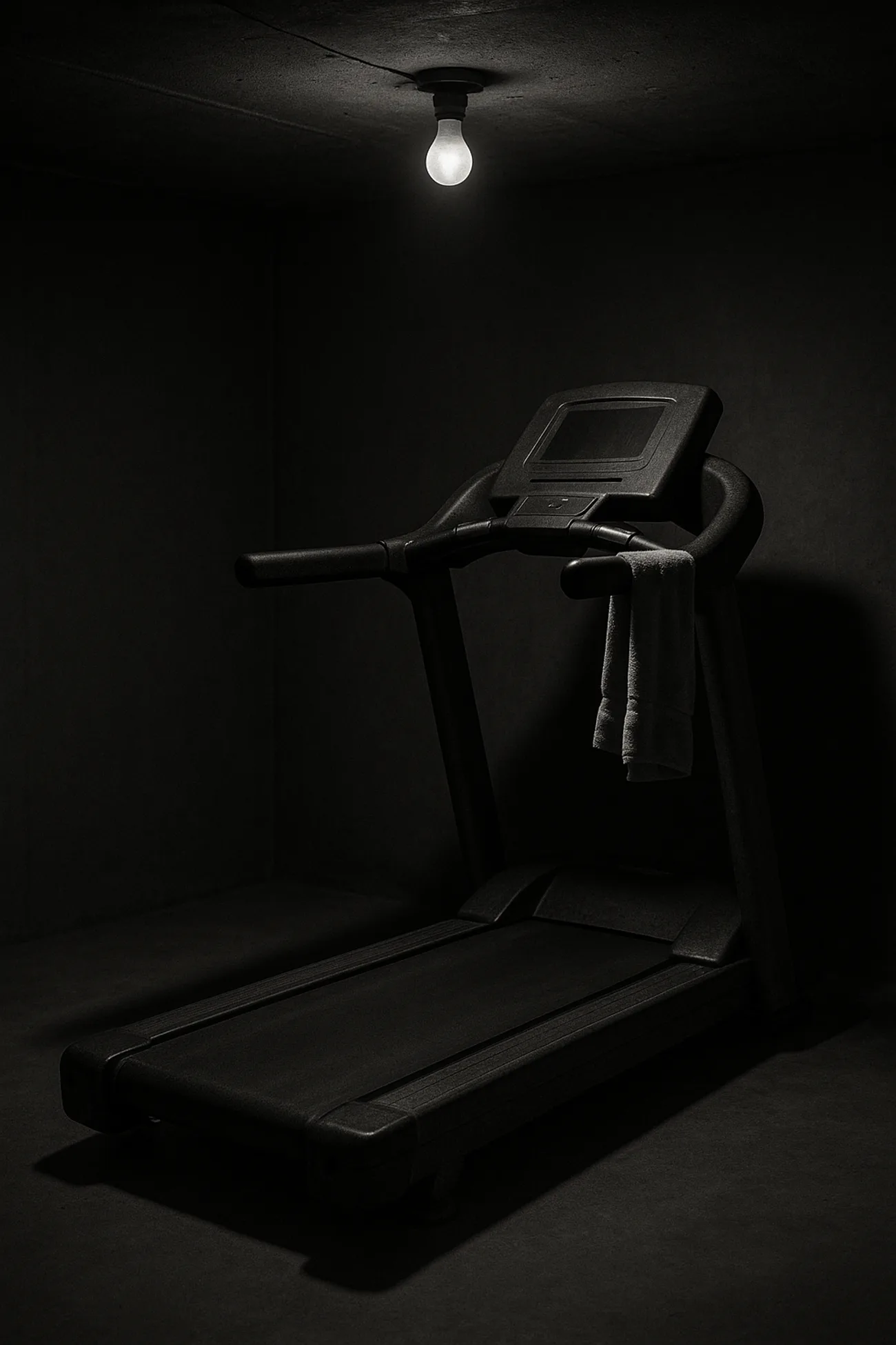 Løbebånd i et hjemmegym med lyset tændt, sort-hvid